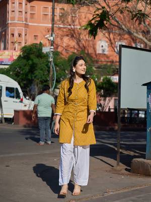 Yufta mustard ethnic motifs print this tunic salwar co-ord set 1