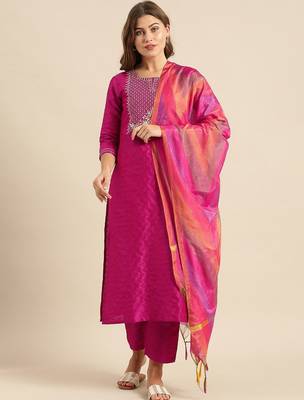 Embroidered Yoke Design Jacquard Kurta with Trousers & Dupatta 1