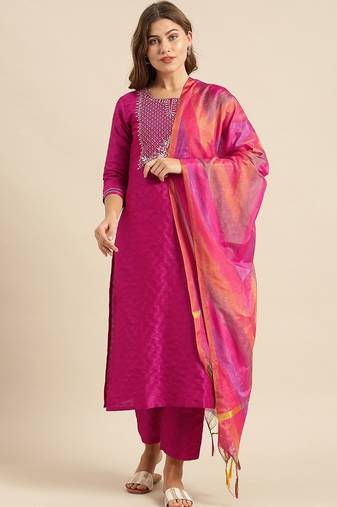 Embroidered Yoke Design Jacquard Kurta with Trousers & Dupatta