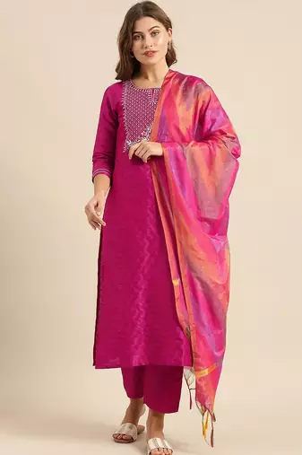 Embroidered Yoke Design Jacquard Kurta with Trousers & Dupatta