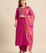 Embroidered Yoke Design Jacquard Kurta with Trousers & Dupatta