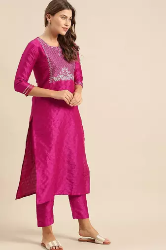Embroidered Yoke Design Jacquard Kurta with Trousers & Dupatta