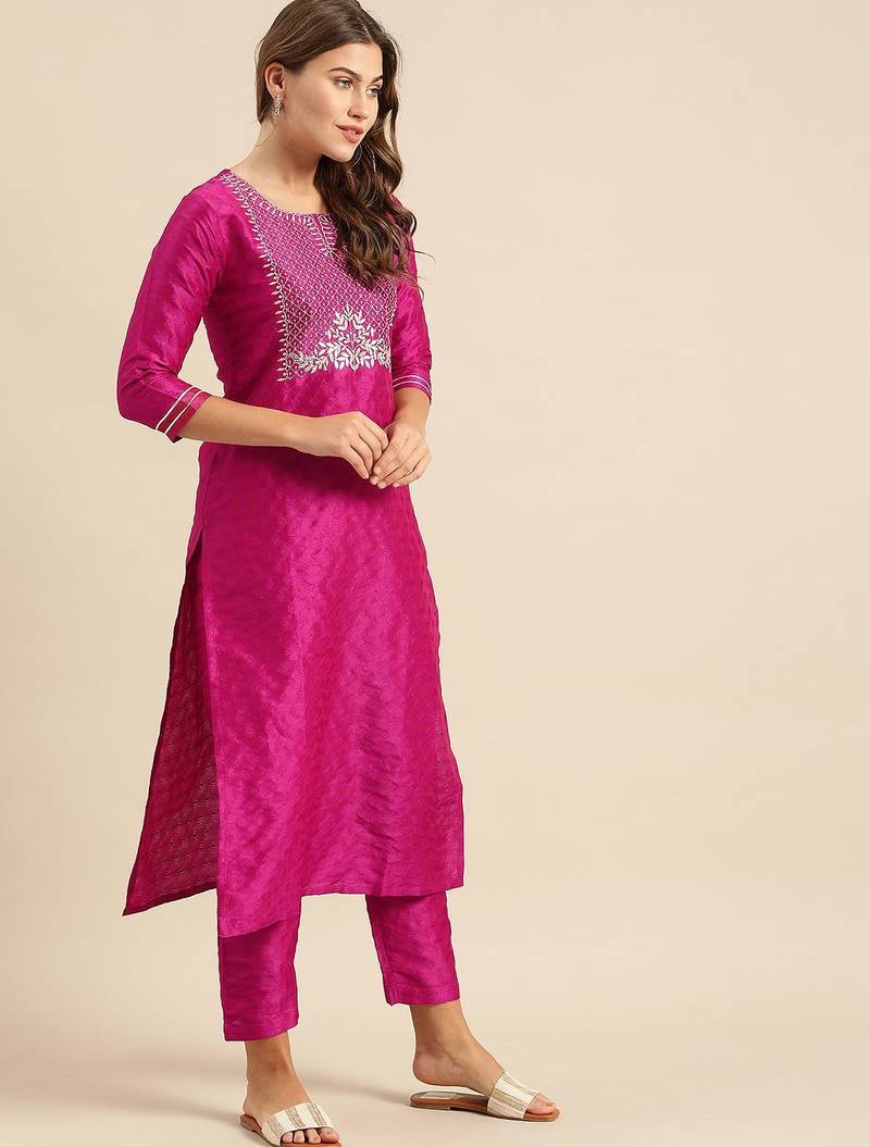 Embroidered Yoke Design Jacquard Kurta with Trousers & Dupatta
