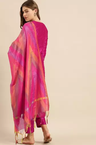 Embroidered Yoke Design Jacquard Kurta with Trousers & Dupatta