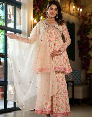 Alia Cut Floral Print Mirror Embroidered Lace Detailed Alia Kurta With Sharara & Dupatta 1