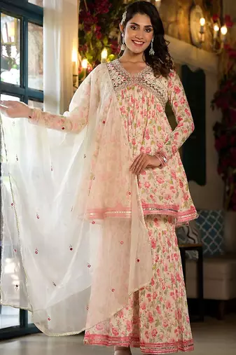 Alia Cut Floral Print Mirror Embroidered Lace Detailed Alia Kurta With Sharara & Dupatta