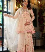 Alia Cut Floral Print Mirror Embroidered Lace Detailed Alia Kurta With Sharara & Dupatta