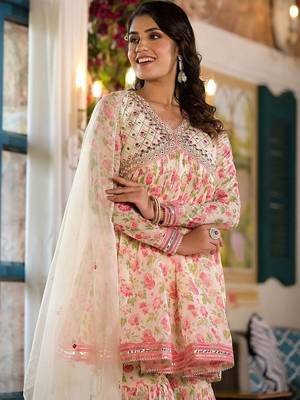 Alia Cut Floral Print Mirror Embroidered Lace Detailed Alia Kurta With Sharara & Dupatta 2