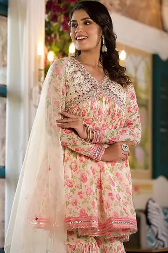 Alia Cut Floral Print Mirror Embroidered Lace Detailed Alia Kurta With Sharara & Dupatta