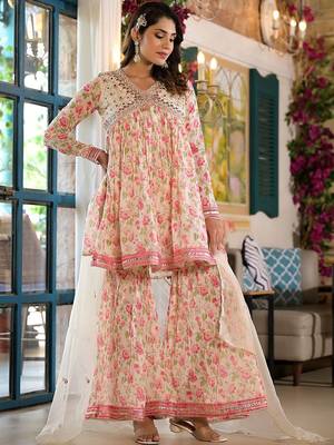 Alia Cut Floral Print Mirror Embroidered Lace Detailed Alia Kurta With Sharara & Dupatta 3