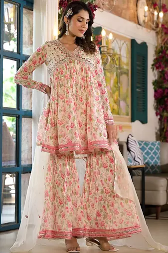 Alia Cut Floral Print Mirror Embroidered Lace Detailed Alia Kurta With Sharara & Dupatta