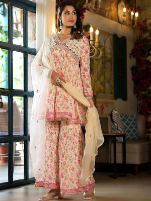 Alia Cut Floral Print Mirror Embroidered Lace Detailed Alia Kurta With Sharara & Dupatta 4