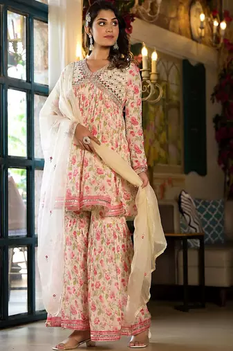 Alia Cut Floral Print Mirror Embroidered Lace Detailed Alia Kurta With Sharara & Dupatta