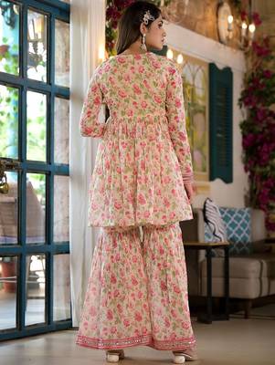 Alia Cut Floral Print Mirror Embroidered Lace Detailed Alia Kurta With Sharara & Dupatta 5