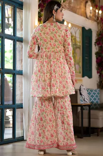 Alia Cut Floral Print Mirror Embroidered Lace Detailed Alia Kurta With Sharara & Dupatta
