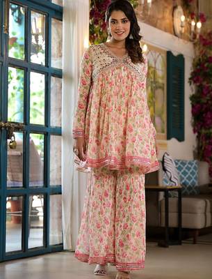 Alia Cut Floral Print Mirror Embroidered Lace Detailed Alia Kurta With Sharara & Dupatta 6