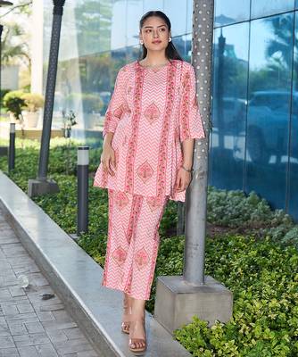 pink zig zag thigh length co-ord set 1