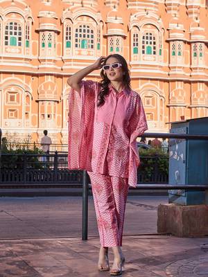 pink zig zag floral print kaftan trouser co-ord set 1