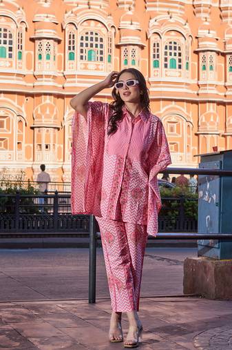 pink zig zag floral print kaftan trouser co-ord set