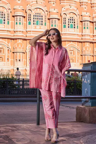 pink zig zag floral print kaftan trouser co-ord set
