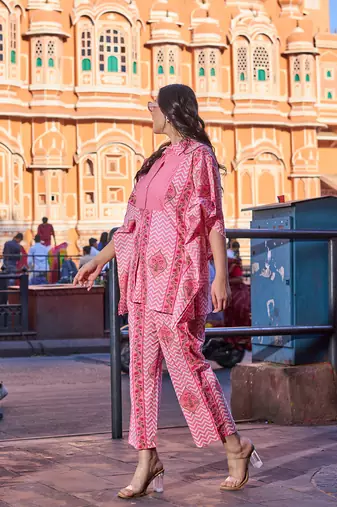 pink zig zag floral print kaftan trouser co-ord set