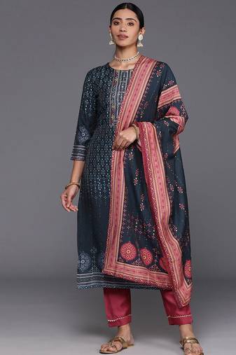Ethnic Motifs Printed Sequinned Kurta with Trousers & With Dupatta