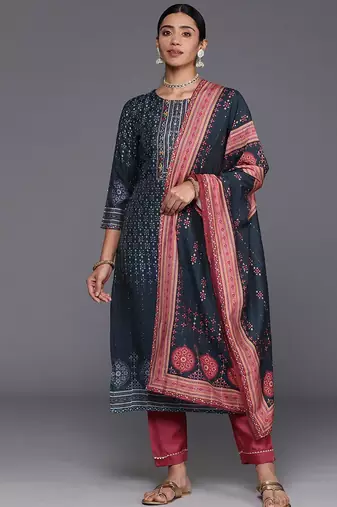 Ethnic Motifs Printed Sequinned Kurta with Trousers & With Dupatta