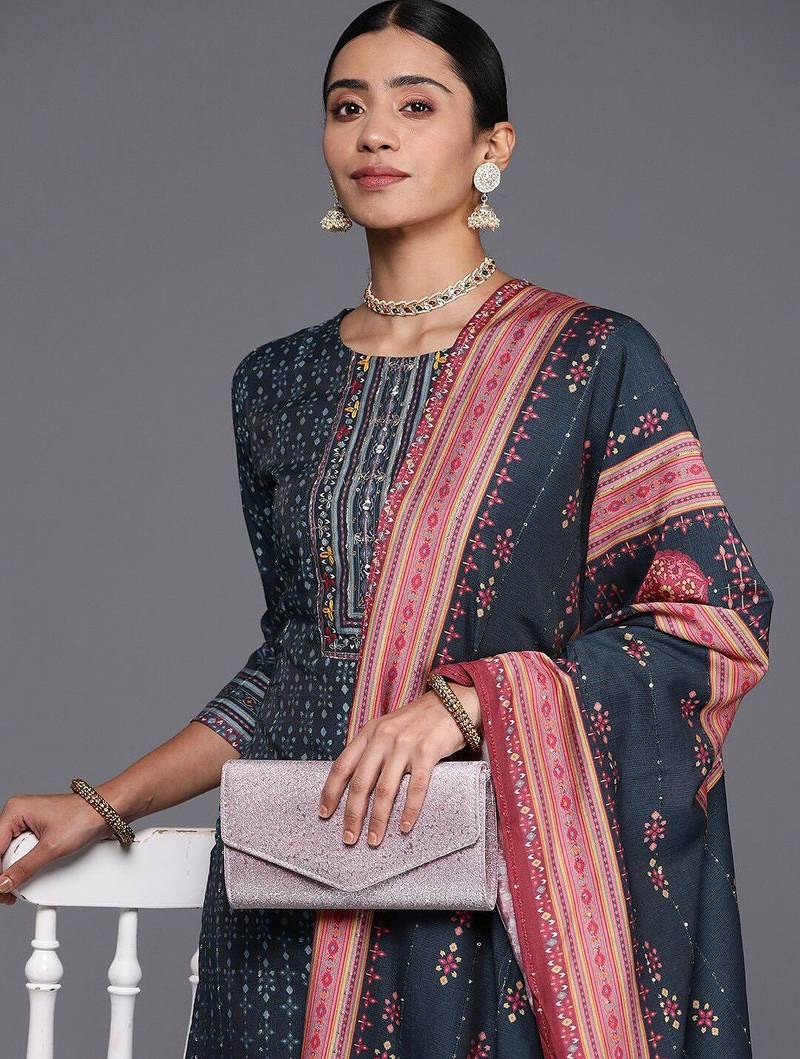 Ethnic Motifs Printed Sequinned Kurta with Trousers & With Dupatta
