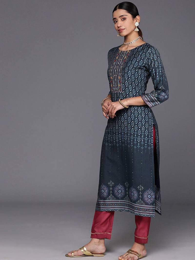 Ethnic Motifs Printed Sequinned Kurta with Trousers & With Dupatta