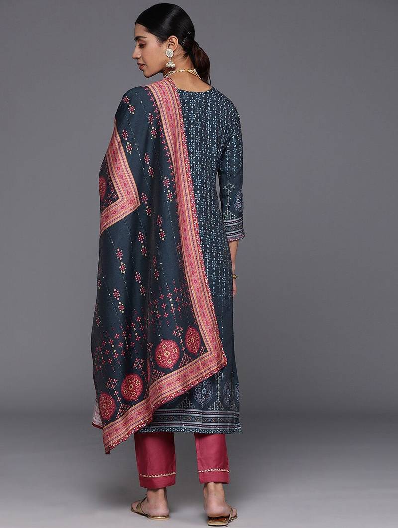 Ethnic Motifs Printed Sequinned Kurta with Trousers & With Dupatta