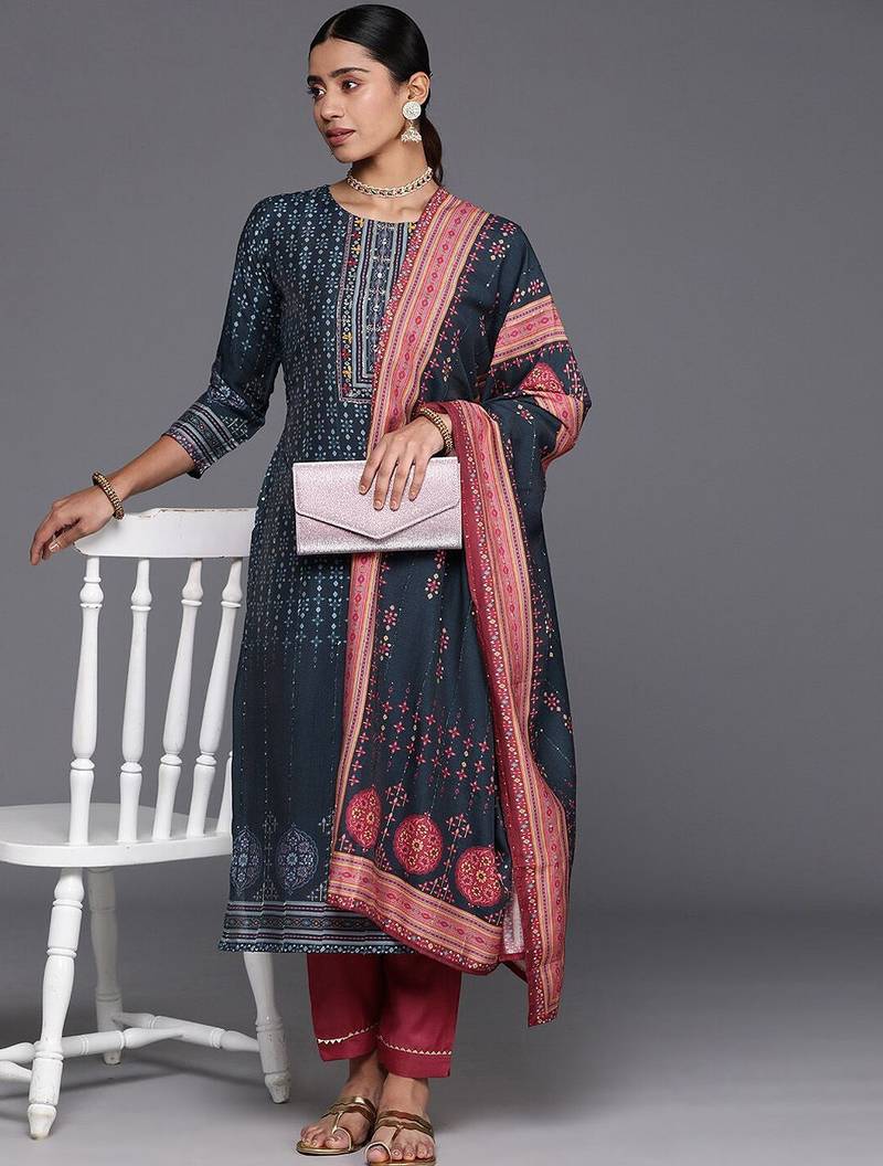 Ethnic Motifs Printed Sequinned Kurta with Trousers & With Dupatta