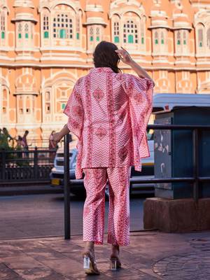 pink zig zag floral print kaftan trouser co-ord set 3