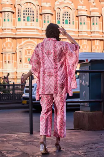 pink zig zag floral print kaftan trouser co-ord set