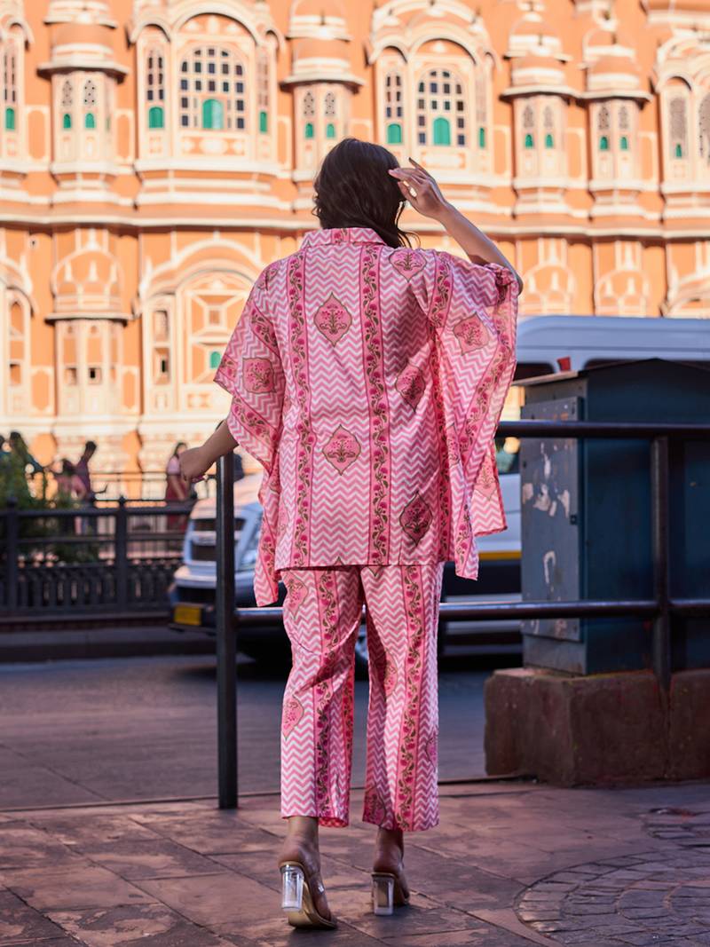 pink zig zag floral print kaftan trouser co-ord set