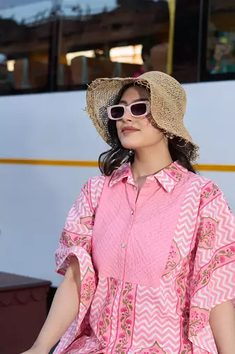 pink zig zag floral print kaftan trouser co-ord set