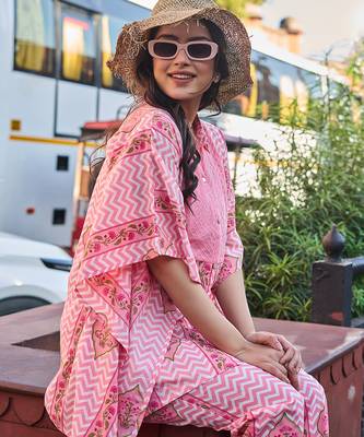 pink zig zag floral print kaftan trouser co-ord set 5