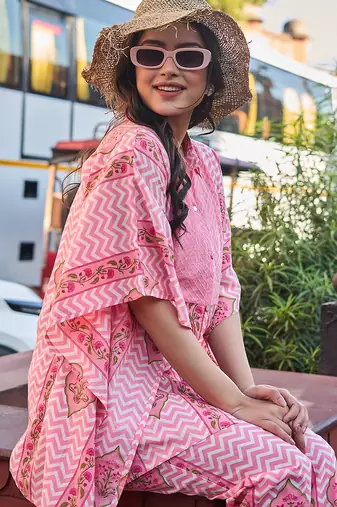 pink zig zag floral print kaftan trouser co-ord set