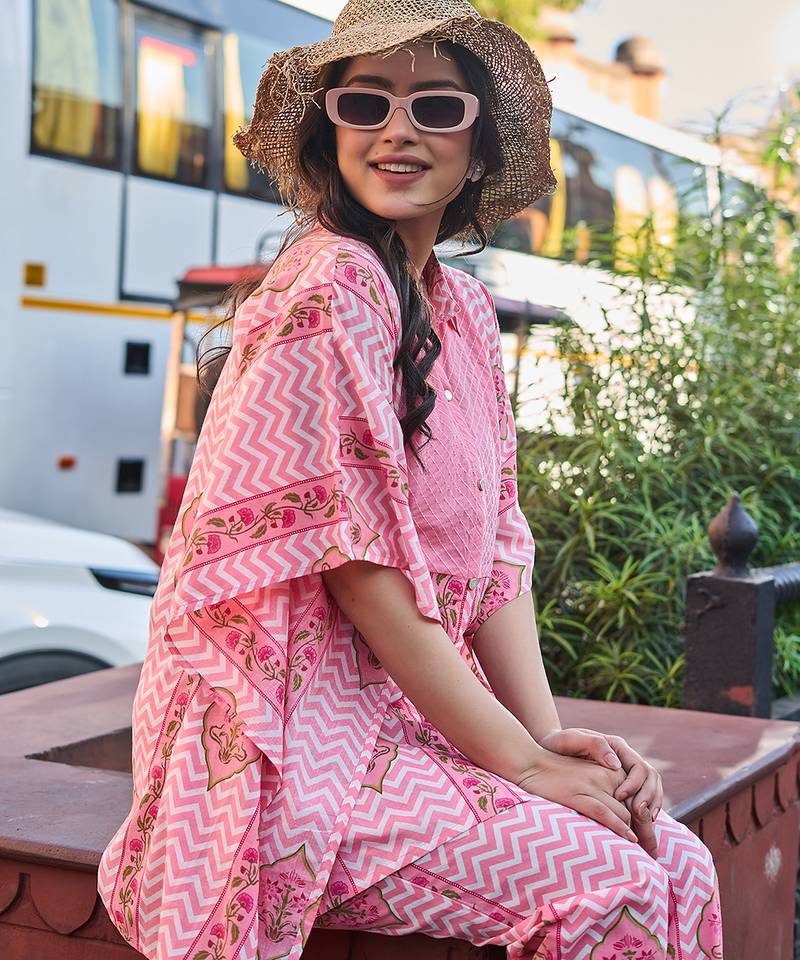 pink zig zag floral print kaftan trouser co-ord set