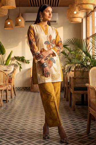Yufta mustard printed cotton co-ord set