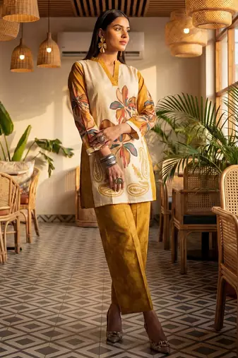 Yufta mustard printed cotton co-ord set