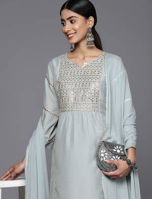Embroidered Empire Mirror Work Kurta With Trousers & With Dupatta 2