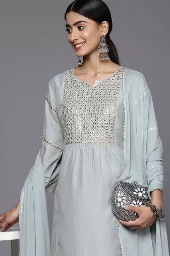 Embroidered Empire Mirror Work Kurta With Trousers & With Dupatta