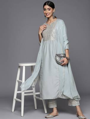 Embroidered Empire Mirror Work Kurta With Trousers & With Dupatta 1