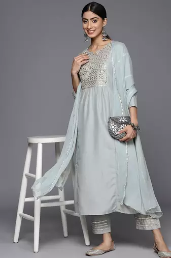 Embroidered Empire Mirror Work Kurta With Trousers & With Dupatta