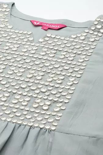 Embroidered Empire Mirror Work Kurta With Trousers & With Dupatta