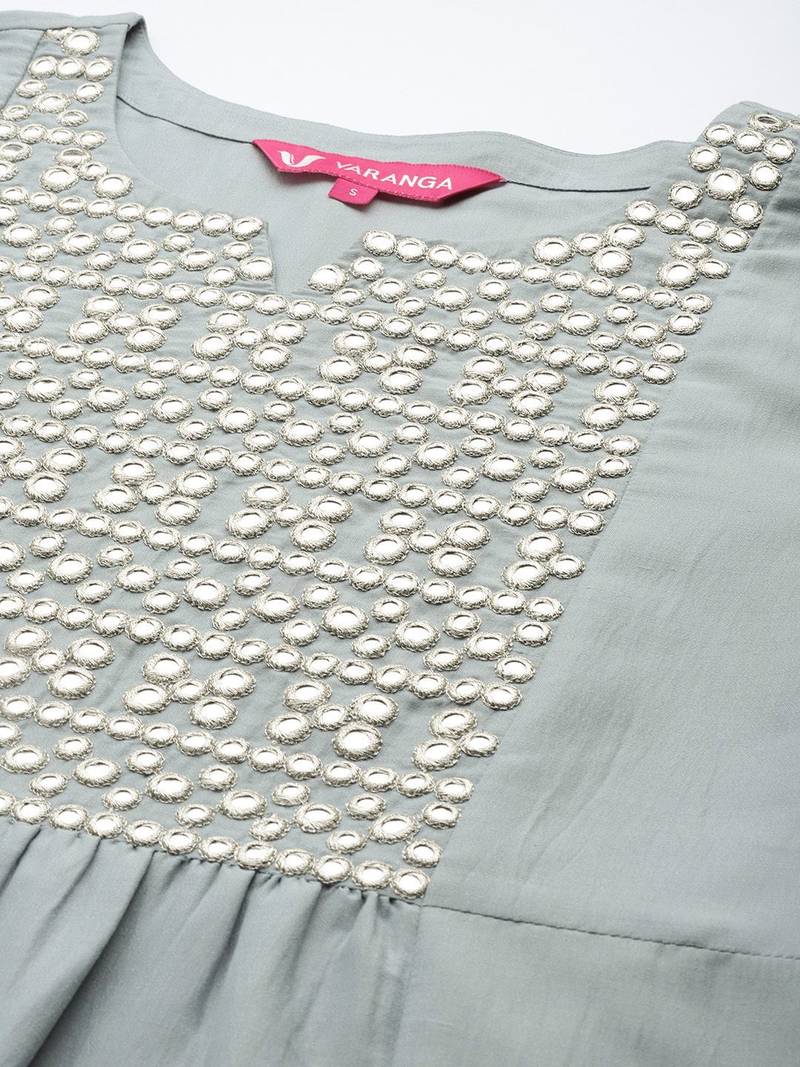 Embroidered Empire Mirror Work Kurta With Trousers & With Dupatta