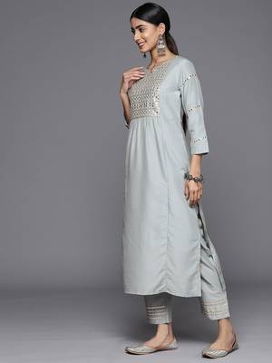 Embroidered Empire Mirror Work Kurta With Trousers & With Dupatta 6
