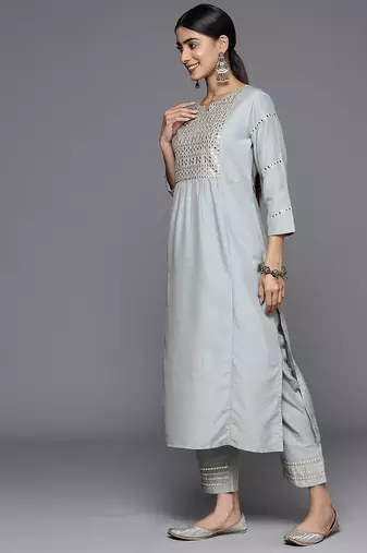 Embroidered Empire Mirror Work Kurta With Trousers & With Dupatta