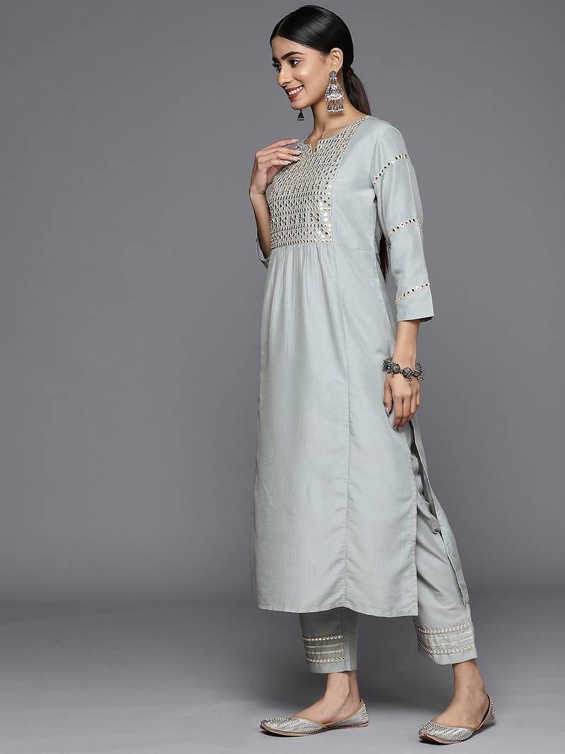 Embroidered Empire Mirror Work Kurta With Trousers & With Dupatta