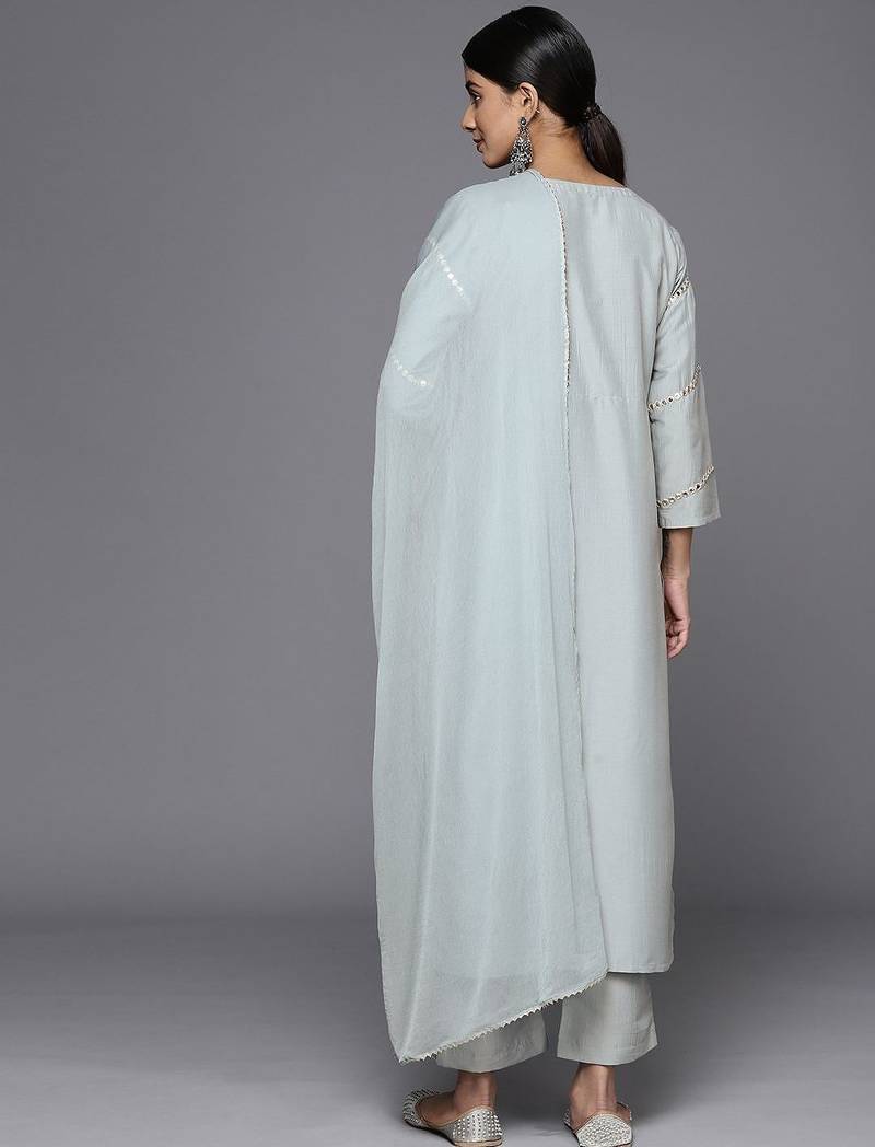 Embroidered Empire Mirror Work Kurta With Trousers & With Dupatta